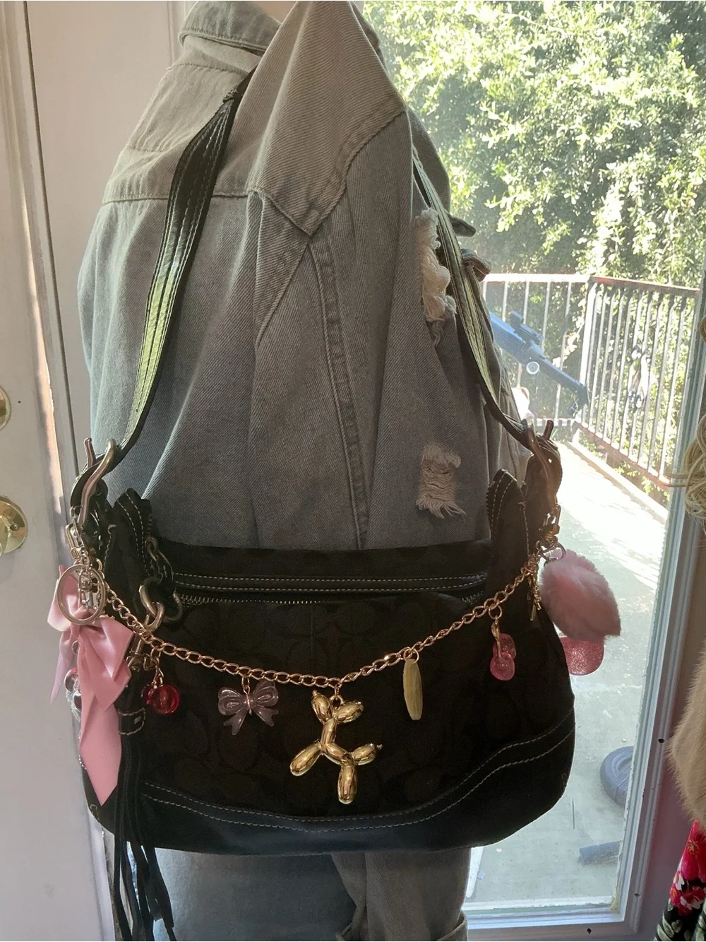 Coach Black Canvas Shoulder Bag with Gold Chain and Pink Accents